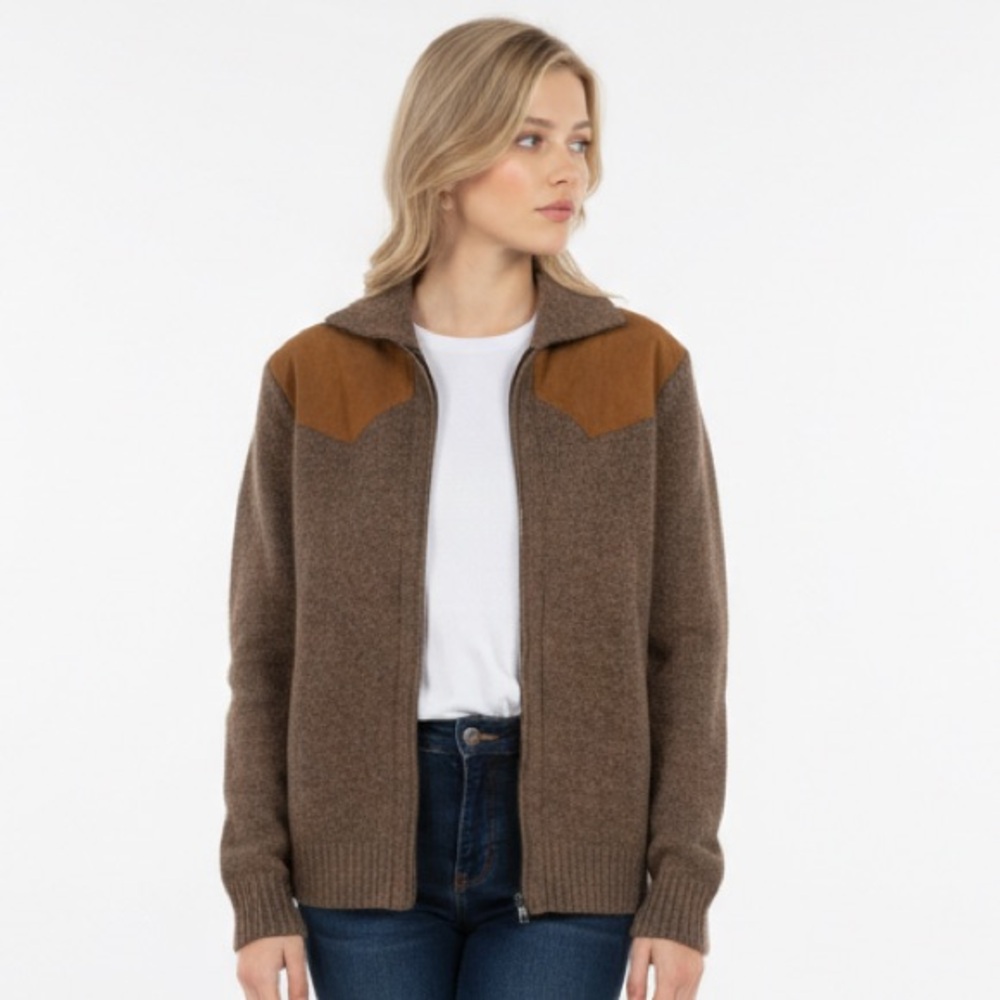 Vintage Kotare New Zealand pure new wool knit suede top and elbows sweater sz L